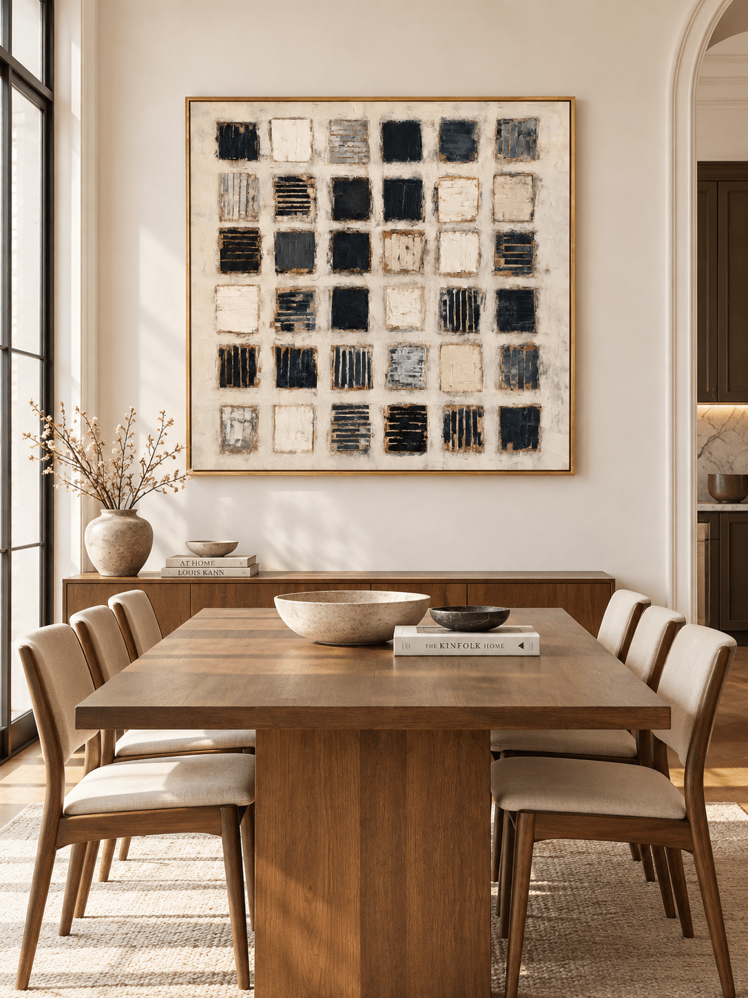 Hand-painted geometric wall art with black ivory and slate-gray squares displayed in an open-plan dining room