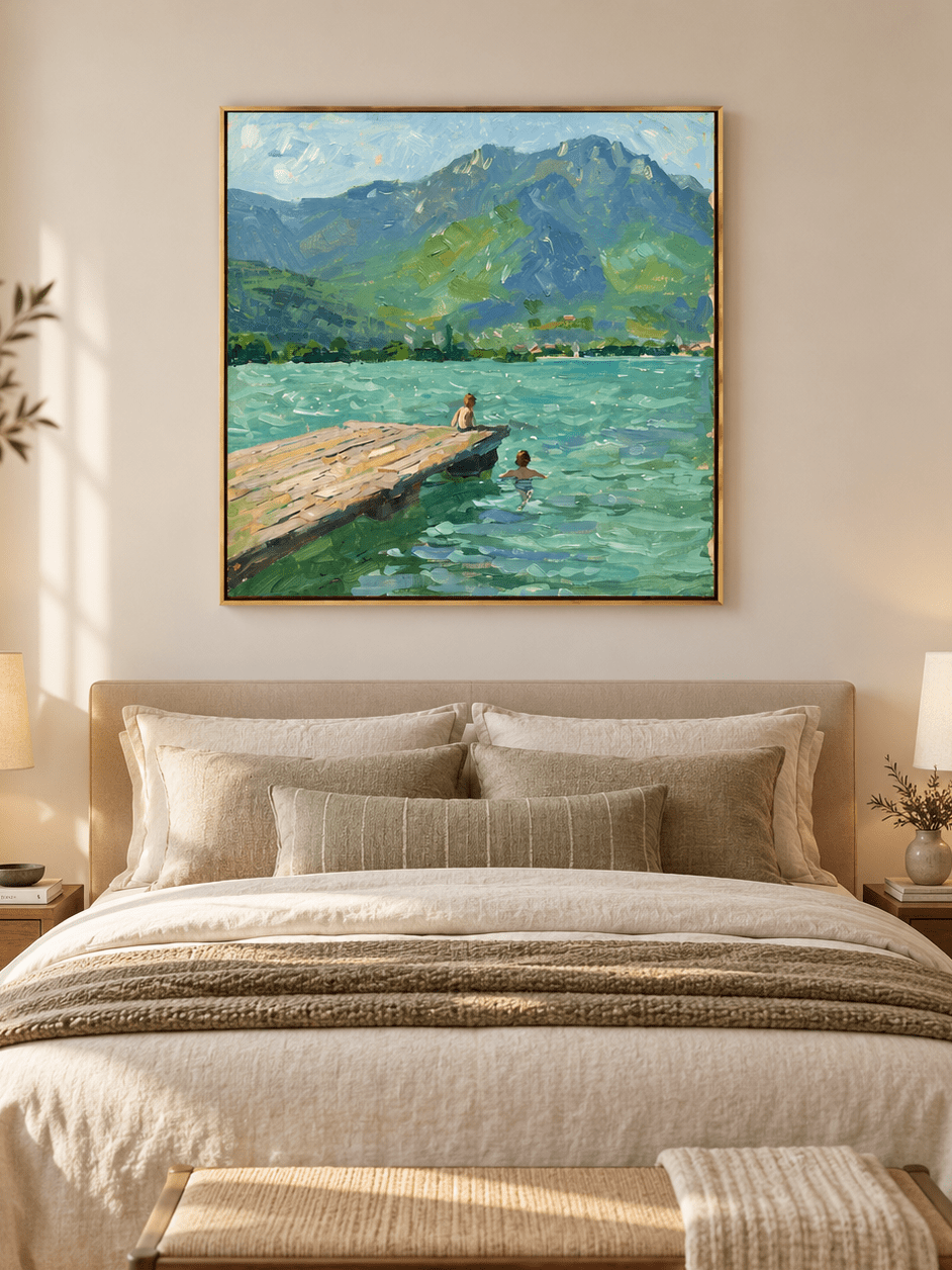 Impressionist blue and green lake painting displayed above a bed in a warm neutral modern bedroom