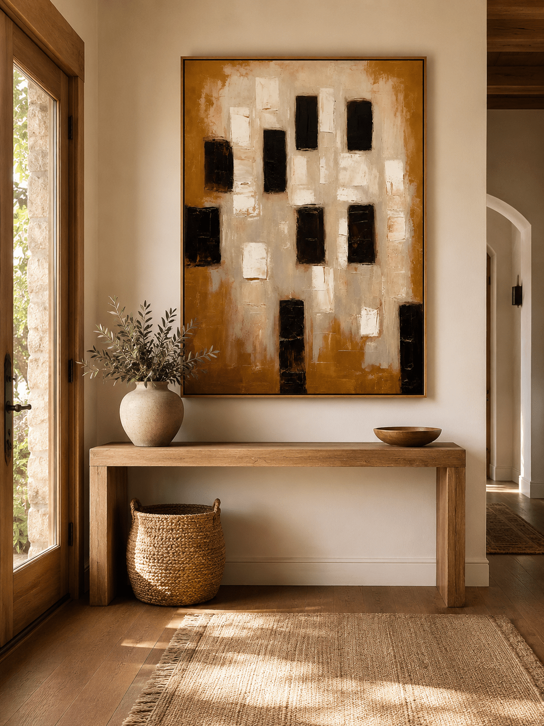 Vertical earth tone textured geometric wall art displayed above an entryway console in a contemporary interior