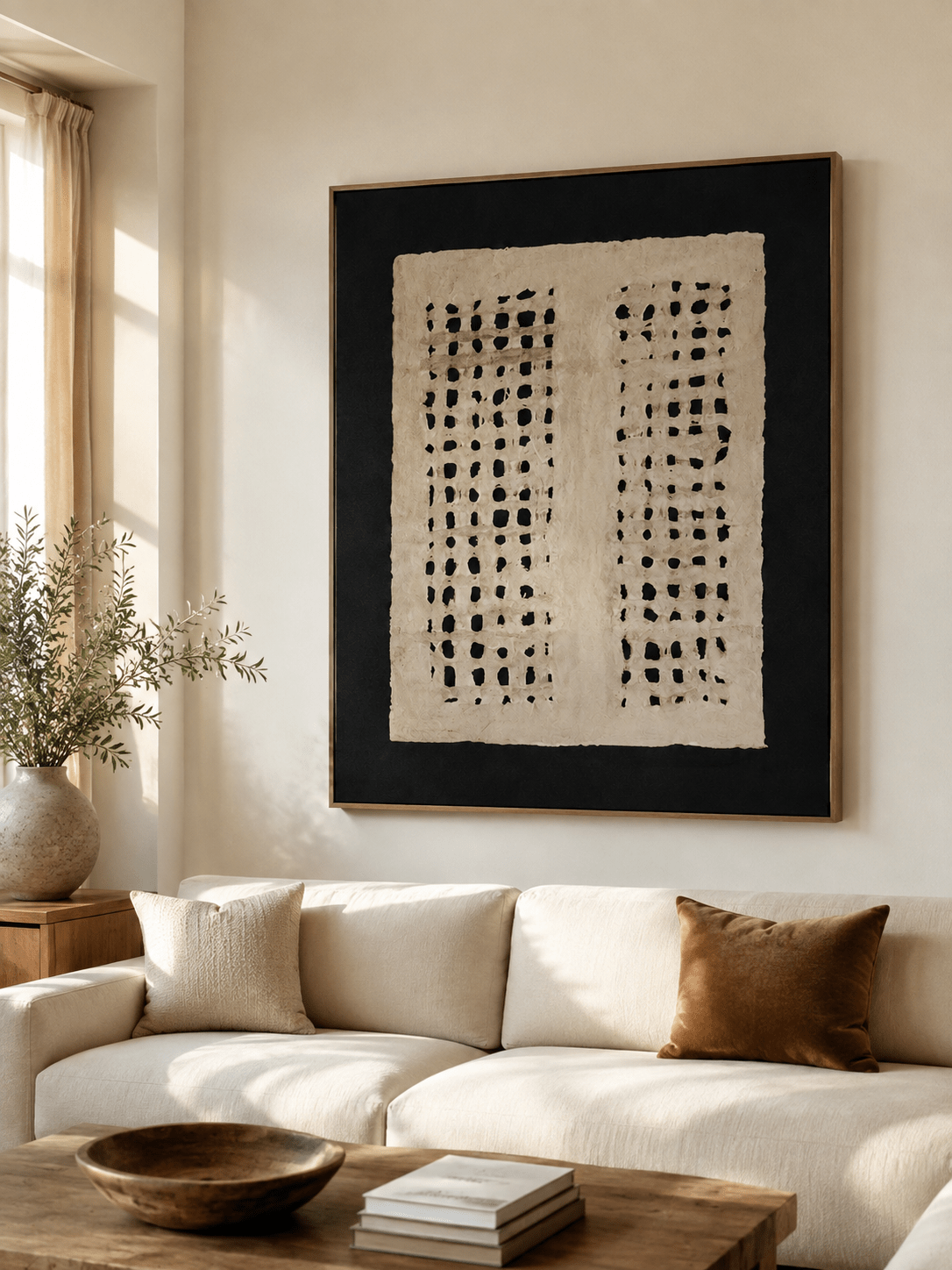 Large black and beige textured wall art displayed above a cream sofa in a Japandi modern living room