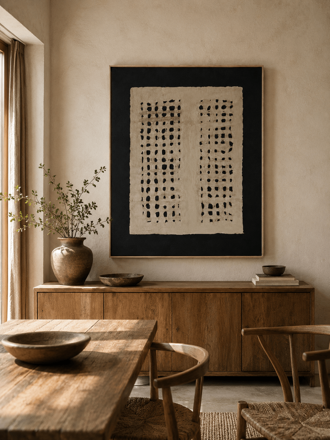 Large black and beige geometric relief wall art displayed in an organic modern open dining room