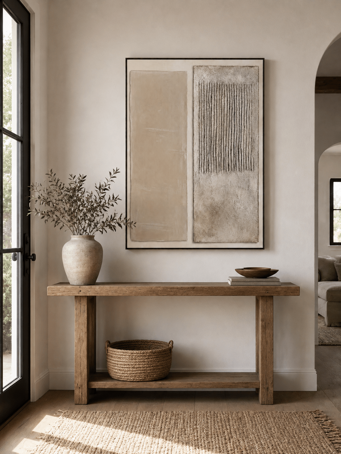Vertical beige textured wall art displayed above an entryway console in a Japandi-inspired interior