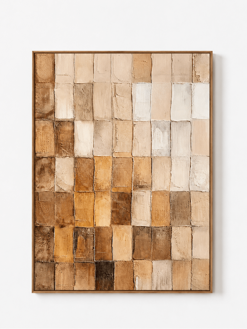 Hand-painted earth tone textured geometric wall art in ivory, beige, ochre and warm brown by Eliot Vermeer