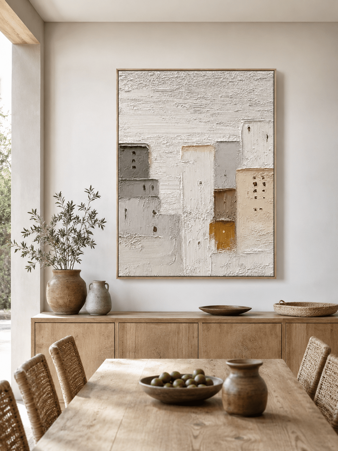 Large textured architectural wall art displayed in an organic modern open dining room with wood and stone furniture