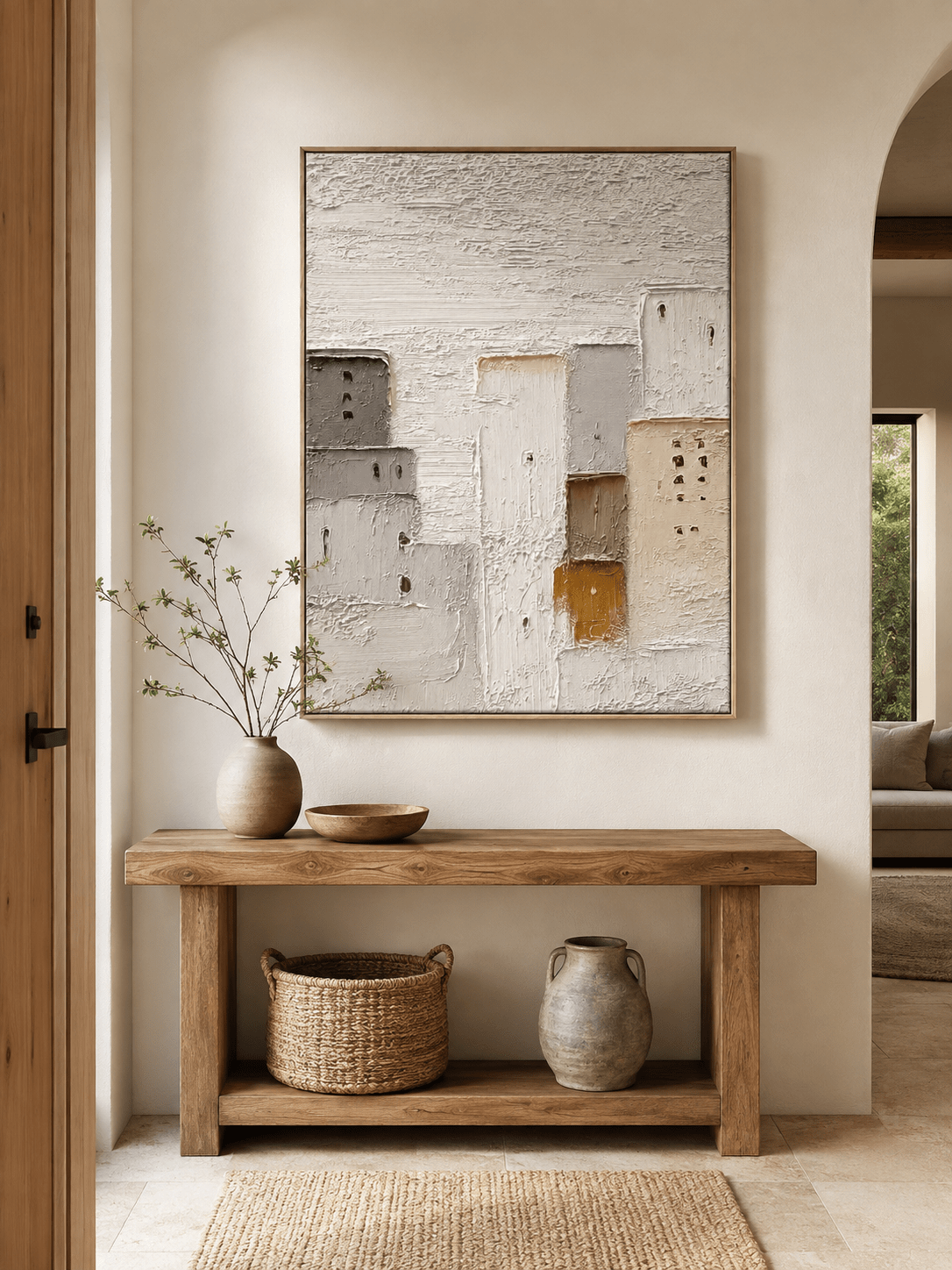 Vertical neutral cityscape wall art displayed above an entryway console in a wabi-sabi modern interior