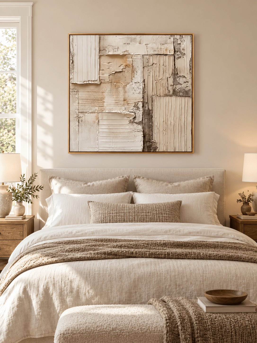 Ivory and cream wabi-sabi textured abstract painting displayed above the bed in a warm neutral bedroom