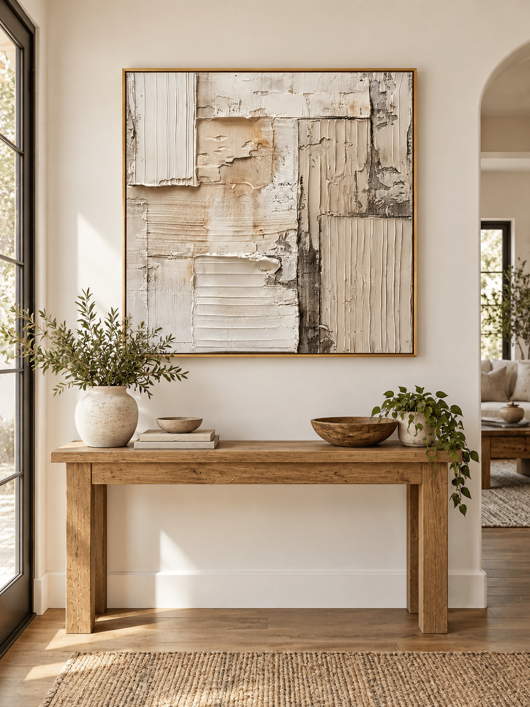 Square neutral textured abstract wall art displayed above an entryway console in a Japandi-inspired interior