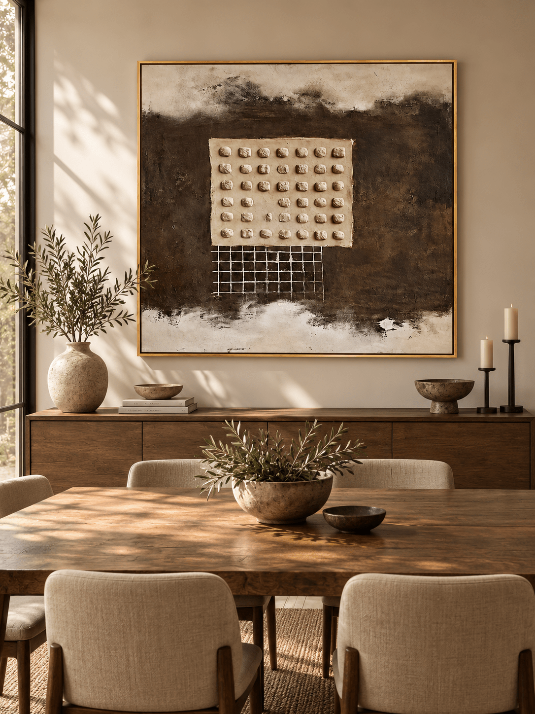 Large brown geometric relief wall art displayed in an organic modern open dining room with walnut furniture