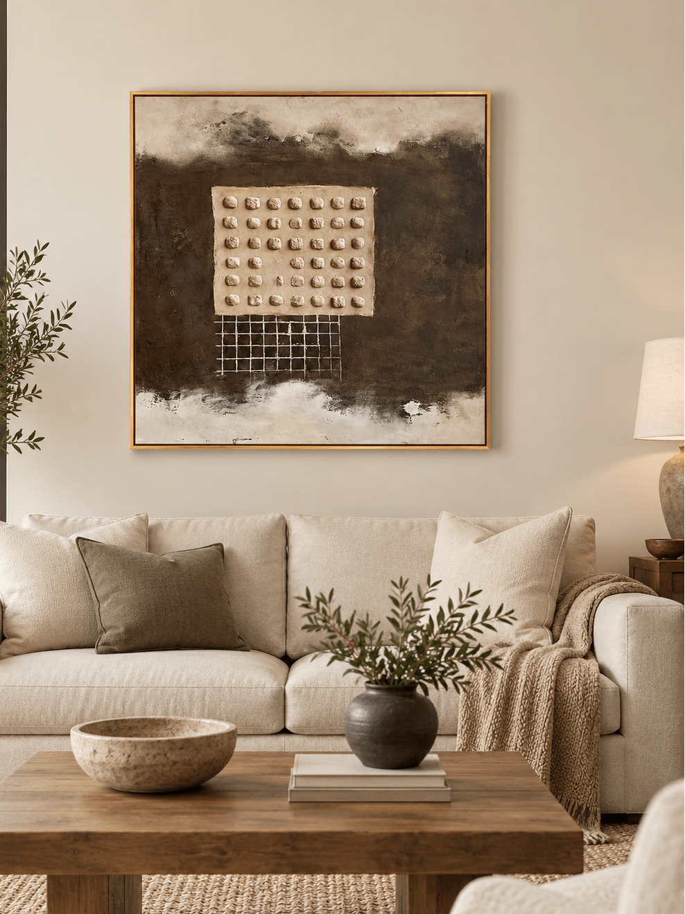Large dark brown textured wall art displayed above a beige sofa in an organic modern living room