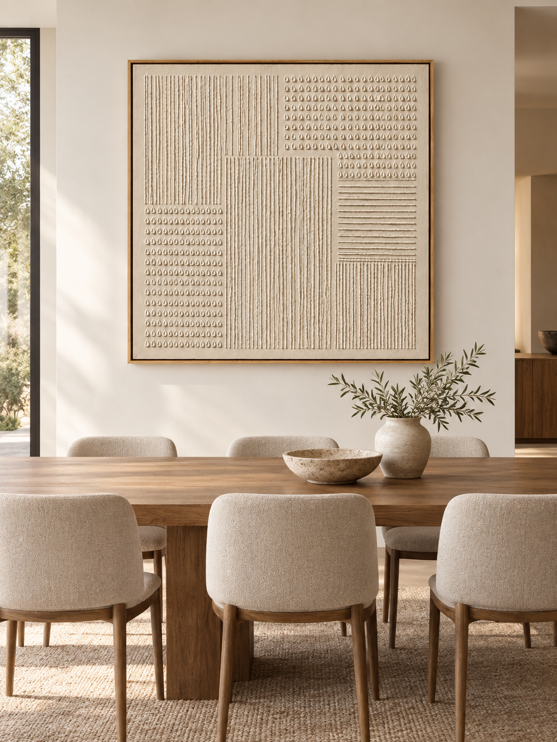 Large neutral geometric relief wall art displayed in an organic modern open dining room with natural wood furniture