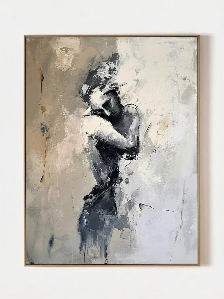 Hand-painted abstract figurative canvas painting featuring a solitary female figure in neutral beige, gray, and black tones with expressive textured brushstrokes for modern bedroom wall decor.
