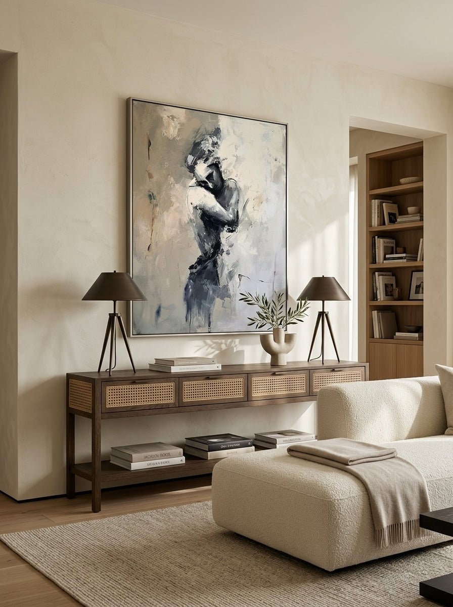 Hand-painted abstract figurative canvas painting featuring a solitary female figure in neutral beige, gray, and black tones with expressive textured brushstrokes for modern bedroom wall decor.