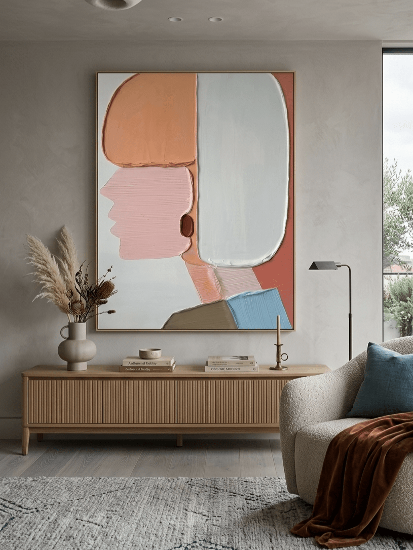 Hand-painted 3D heavy textured abstract figure painting in pink and peach by Eleanor Hayes, mid-century modern wall art for bedroom decor.