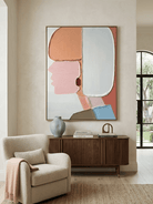 Hand-painted 3D heavy textured abstract figure painting in pink and peach by Eleanor Hayes, mid-century modern wall art for bedroom decor.