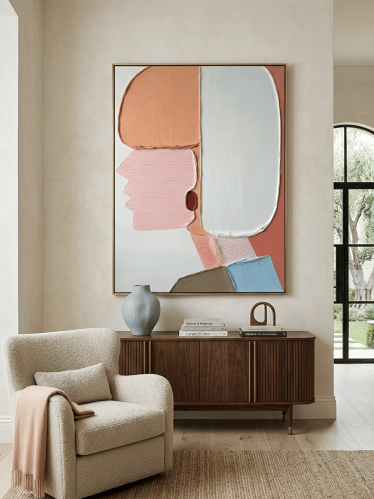 Hand-painted 3D heavy textured abstract figure painting in pink and peach by Eleanor Hayes, mid-century modern wall art for bedroom decor.