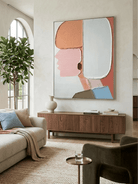 Hand-painted 3D heavy textured abstract figure painting in pink and peach by Eleanor Hayes, mid-century modern wall art for bedroom decor.