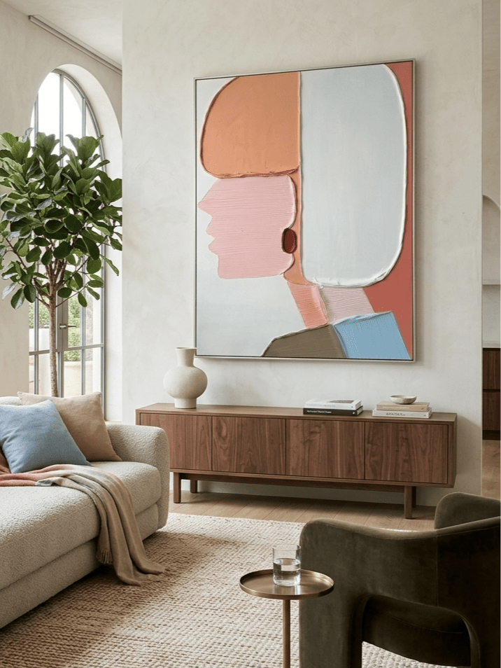 Hand-painted 3D heavy textured abstract figure painting in pink and peach by Eleanor Hayes, mid-century modern wall art for bedroom decor.