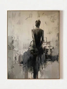 Heavy texture hand-painted abstract ballerina canvas painting in warm gray, cream, and charcoal black by Eleanor Hayes for organic modernist wall decor.