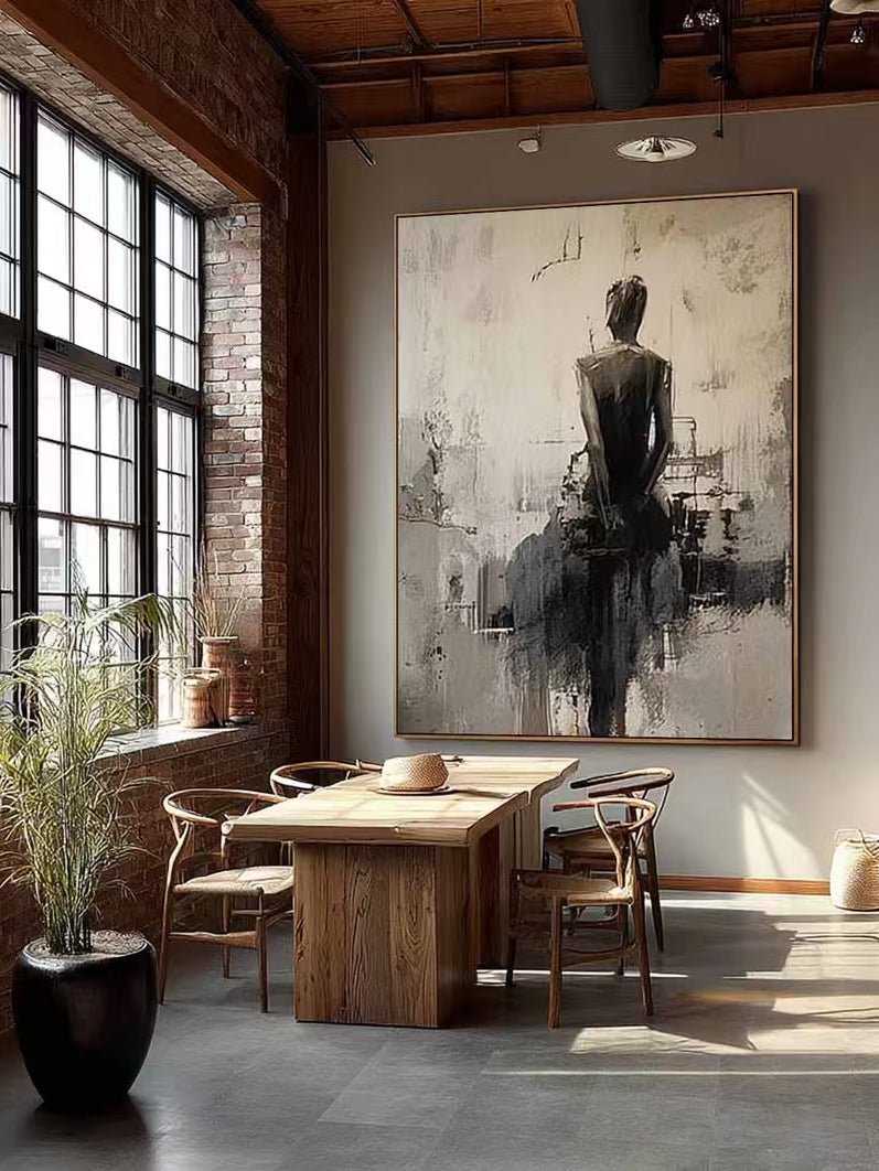Heavy texture hand-painted abstract ballerina canvas painting in warm gray, cream, and charcoal black by Eleanor Hayes for organic modernist wall decor.
