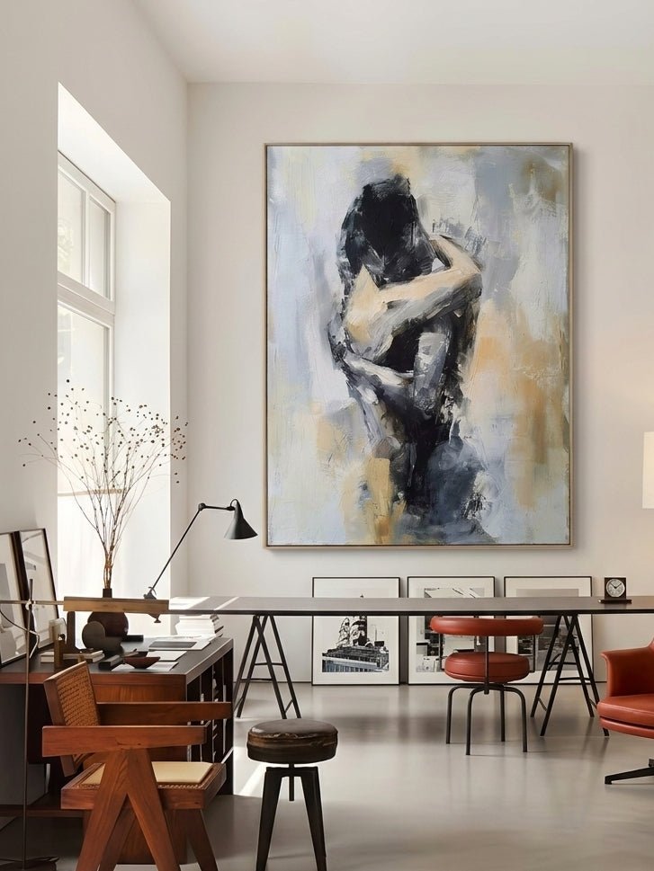 Hand-painted abstract figurative painting of an embracing couple in neutral beige, gray, and black tones with expressive textured brushstrokes for modern bedroom wall decor.
