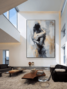 Hand-painted abstract figurative painting of an embracing couple in neutral beige, gray, and black tones with expressive textured brushstrokes for modern bedroom wall decor.