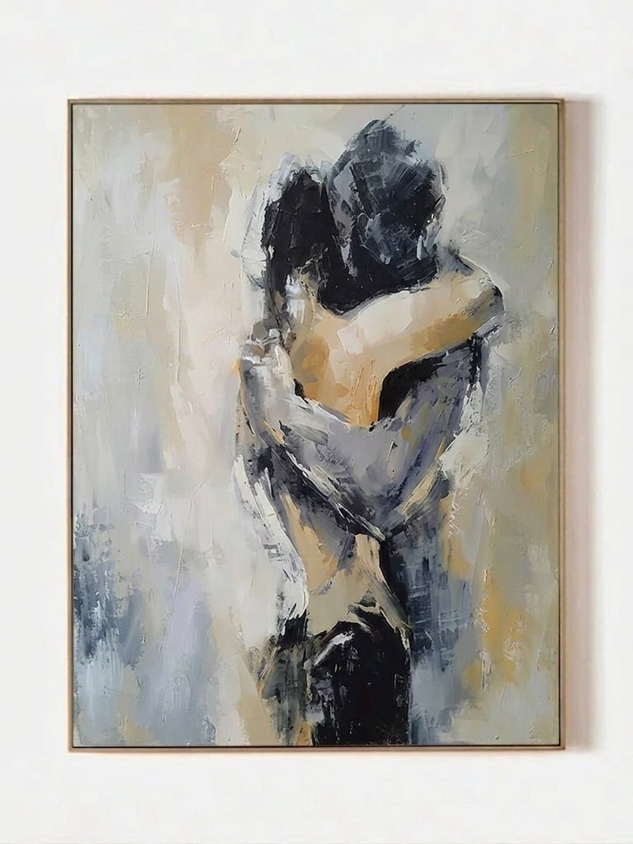 Hand painted contemporary abstract couple wall art with emotional figurative brushwork and neutral tones for modern bedroom decor