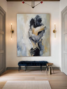Hand painted contemporary abstract couple wall art with emotional figurative brushwork and neutral tones for modern bedroom decor