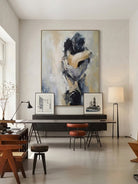 Hand painted contemporary abstract couple wall art with emotional figurative brushwork and neutral tones for modern bedroom decor