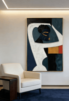 Large vertical hand-painted abstract portrait of an African woman with geometric shapes in indigo
