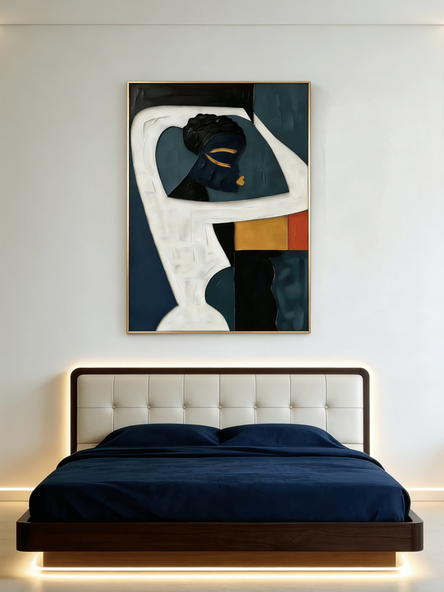 Large vertical hand-painted abstract portrait of an African woman with geometric shapes in indigo