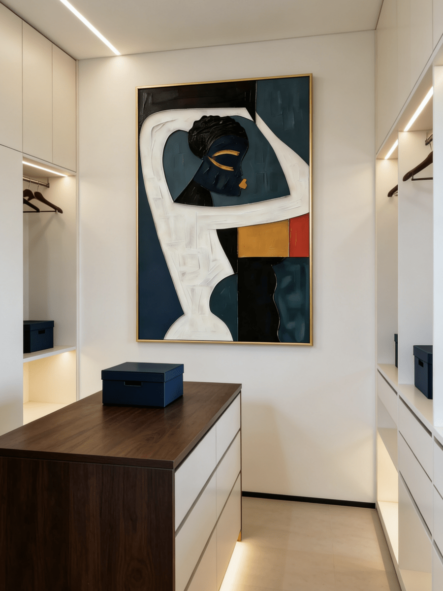 Large vertical hand-painted abstract portrait of an African woman with geometric shapes in indigo