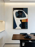 Large vertical hand-painted abstract portrait of an African woman with geometric shapes in indigo