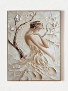 Large 3D textured abstract female portrait painting in beige and cream tones by Eleanor Hayes for bedroom decor.
