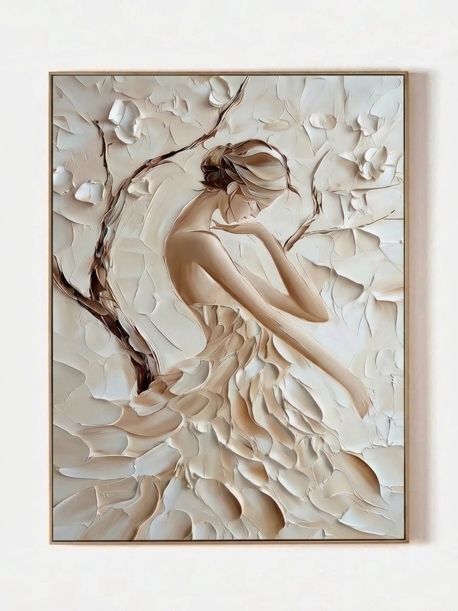 Large 3D textured abstract female portrait painting in beige and cream tones by Eleanor Hayes for bedroom decor.