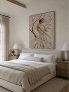 Large 3D textured abstract female portrait painting in beige and cream tones by Eleanor Hayes for bedroom decor.