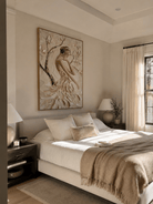 Large 3D textured abstract female portrait painting in beige and cream tones by Eleanor Hayes for bedroom decor.