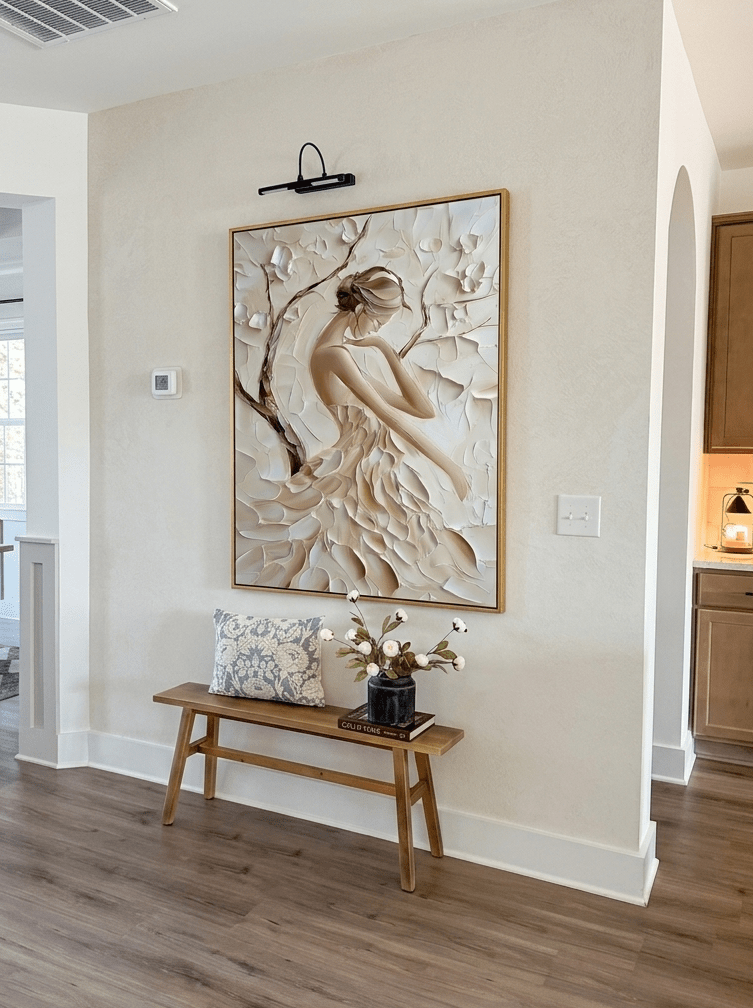 Large 3D textured abstract female portrait painting in beige and cream tones by Eleanor Hayes for bedroom decor.