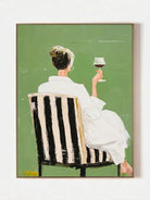 Hand painted modern feminine figurative wall art with woman holding wine glass on green background for contemporary bedroom decor