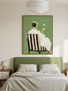 Hand painted modern feminine figurative wall art with woman holding wine glass on green background for contemporary bedroom decor