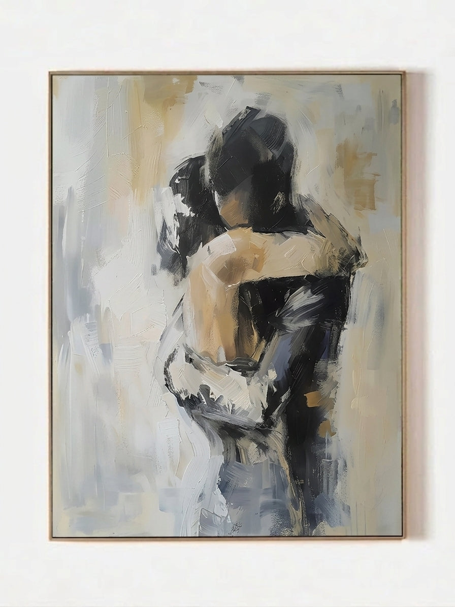 Hand-painted abstract romantic couple painting featuring two embracing figures in neutral beige, gray, black, and ivory tones with textured contemporary brushstrokes on canvas.