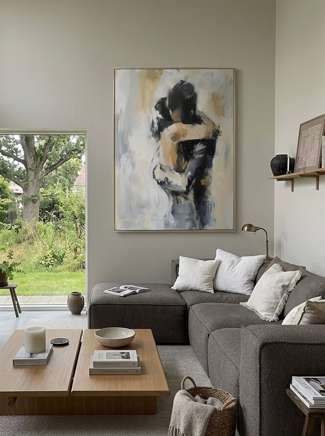 Hand-painted abstract romantic couple painting featuring two embracing figures in neutral beige, gray, black, and ivory tones with textured contemporary brushstrokes on canvas.