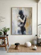 Hand painted contemporary abstract couple wall art with neutral tones and expressive romantic figurative brushwork for modern bedroom decor