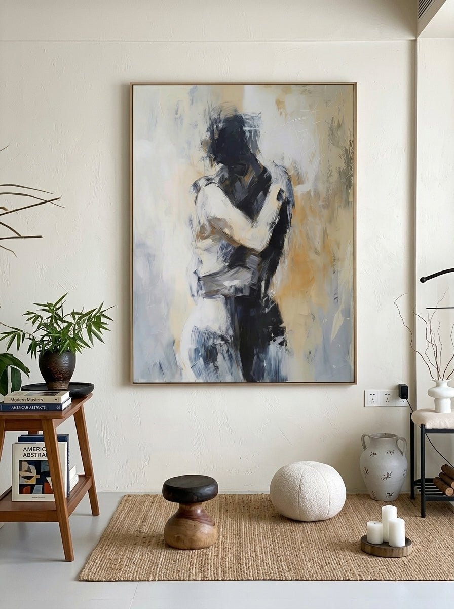 Hand painted contemporary abstract couple wall art with neutral tones and expressive romantic figurative brushwork for modern bedroom decor