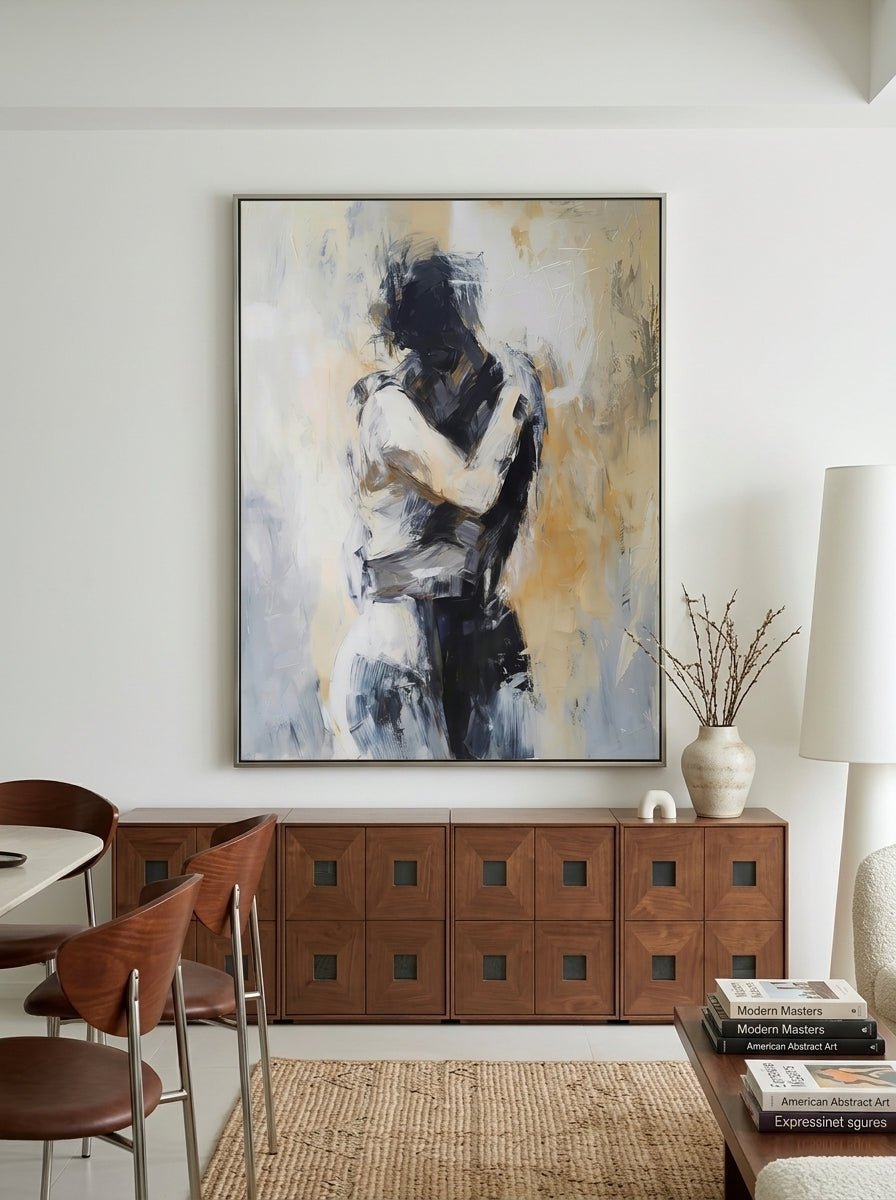 Hand painted contemporary abstract couple wall art with neutral tones and expressive romantic figurative brushwork for modern bedroom decor