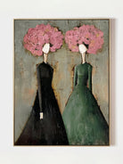 Large vertical 3D textured painting of two women with pink floral heads in black and green dresses, hand-painted by Eleanor Hayes.