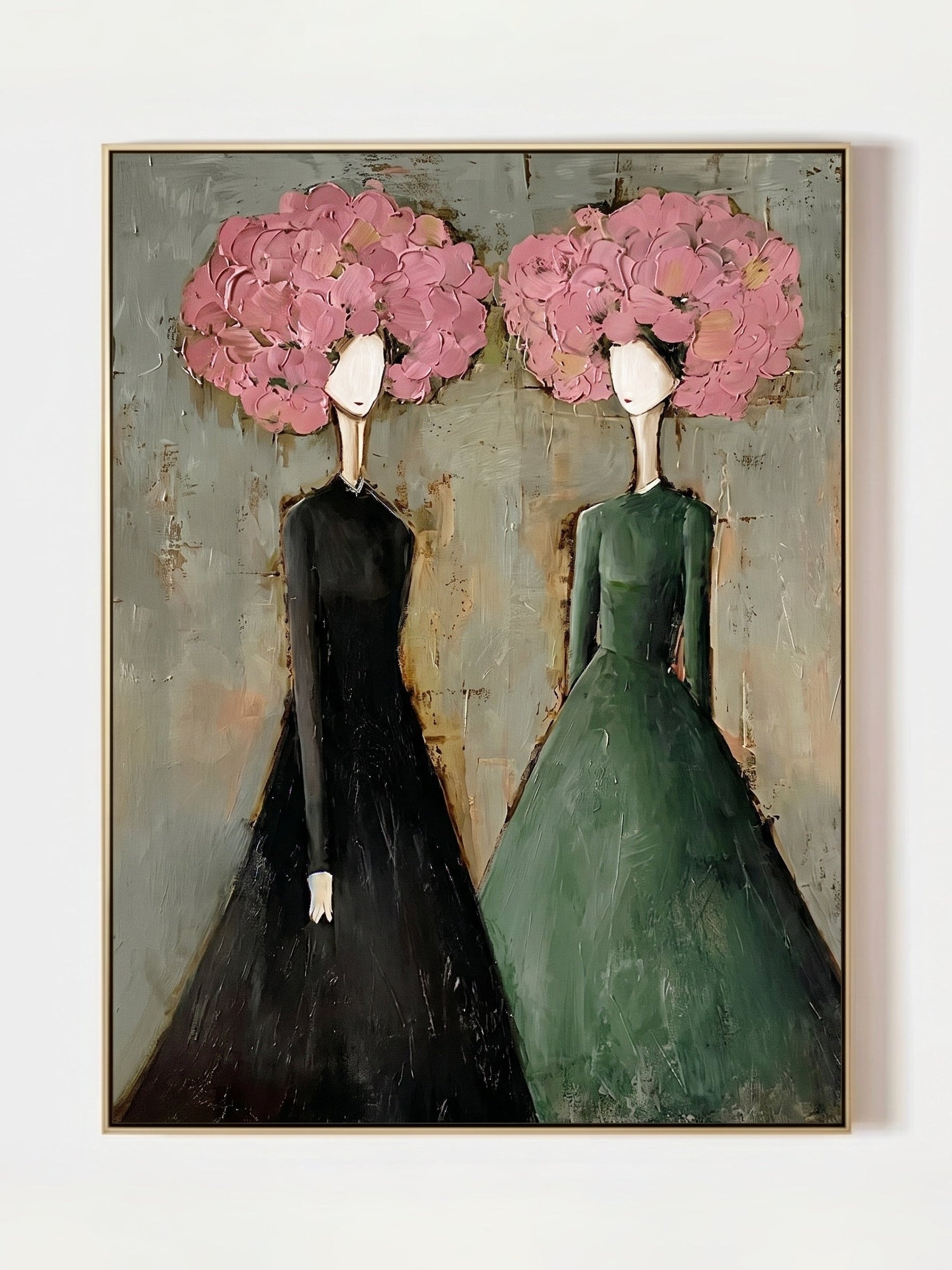 Large vertical 3D textured painting of two women with pink floral heads in black and green dresses, hand-painted by Eleanor Hayes.