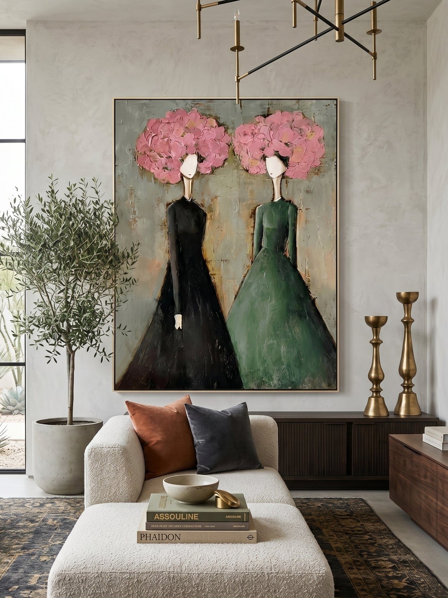 Large vertical 3D textured painting of two women with pink floral heads in black and green dresses, hand-painted by Eleanor Hayes.