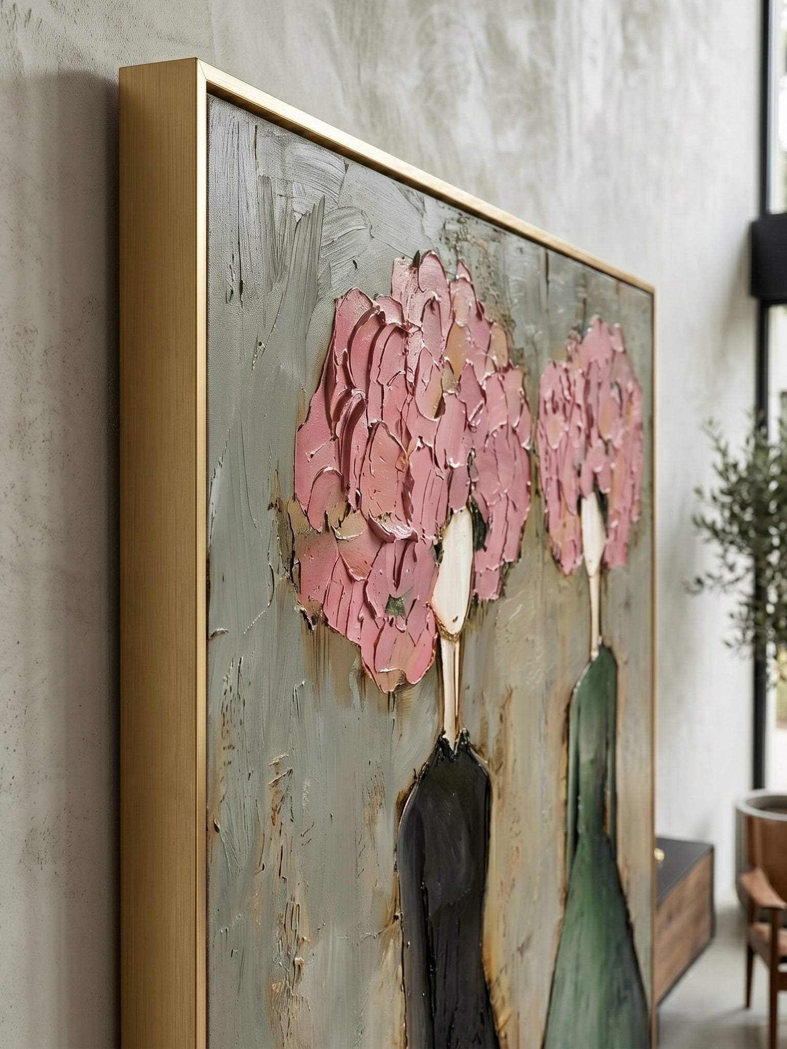 Large vertical 3D textured painting of two women with pink floral heads in black and green dresses, hand-painted by Eleanor Hayes.