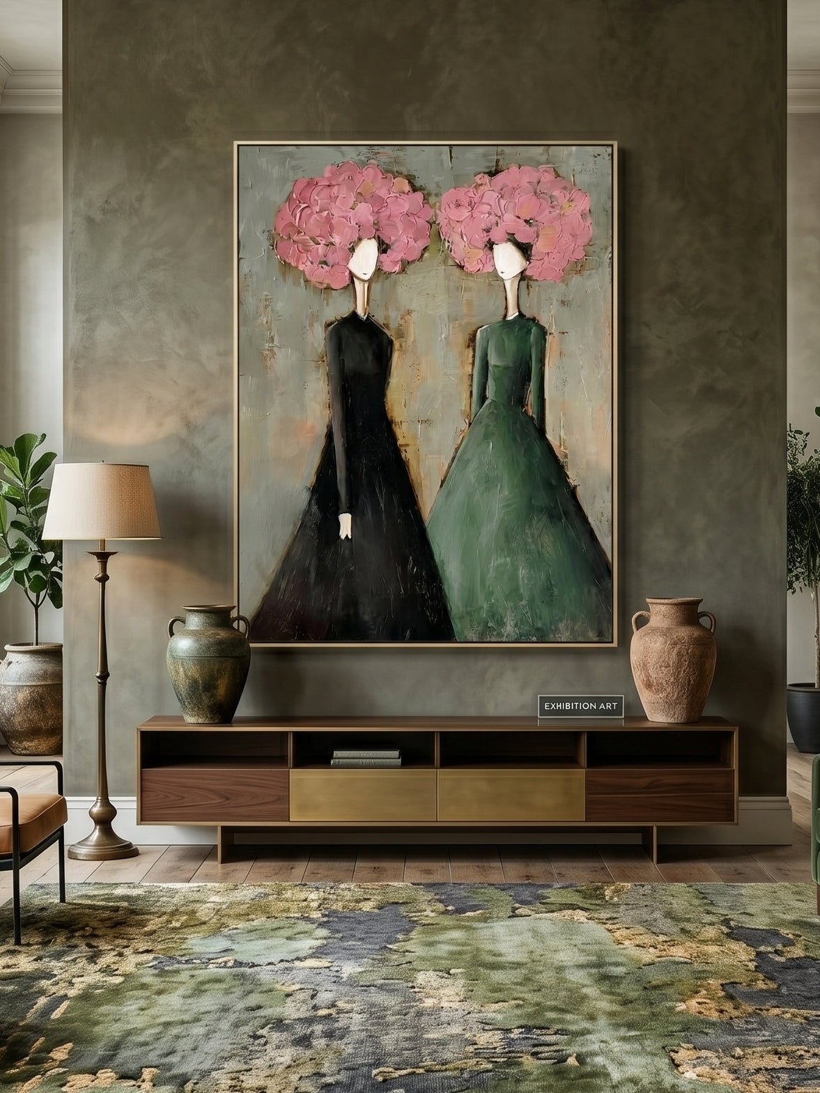 Large vertical 3D textured painting of two women with pink floral heads in black and green dresses, hand-painted by Eleanor Hayes.