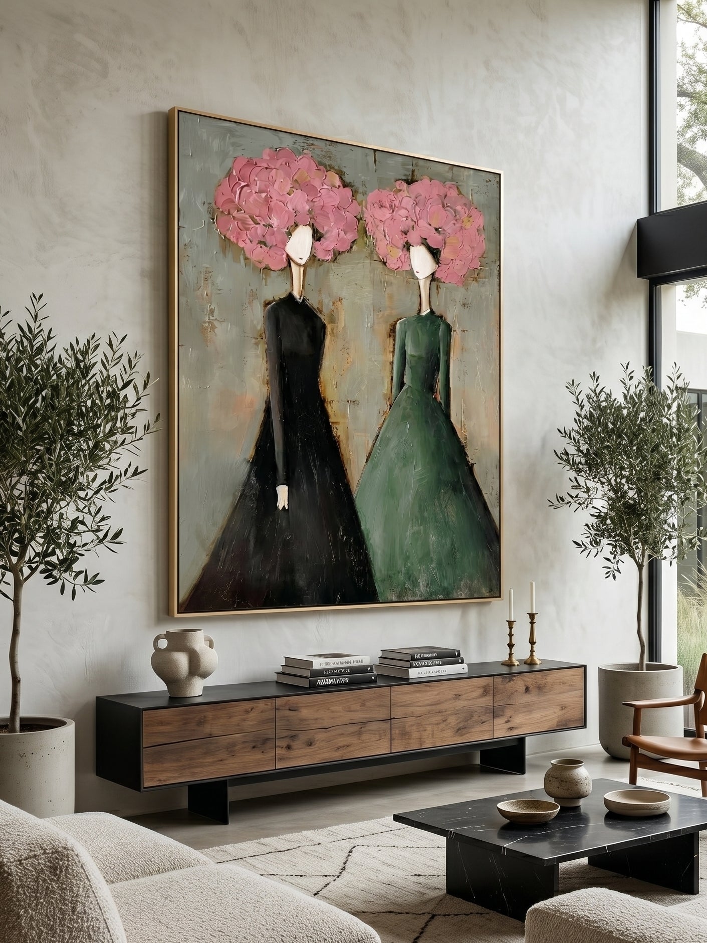Large vertical 3D textured painting of two women with pink floral heads in black and green dresses, hand-painted by Eleanor Hayes.